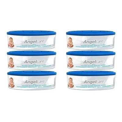 Six Angelcare refill cassettes are arranged in two columns of three.