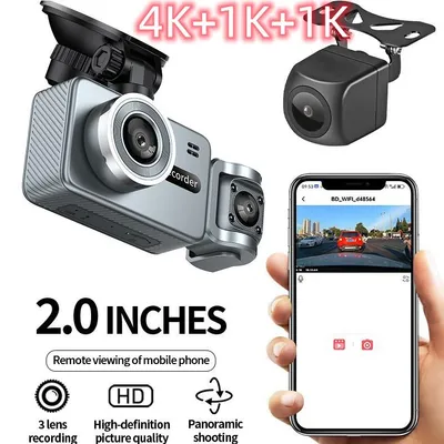 Produktbild von 4K-Dashcam mit drei Objektiven: 2160p vorne, 720p innen/hinten, Nachtsicht, WLAN-Steuerung per App, G-Sensor, Parküberwachung, Autokamera