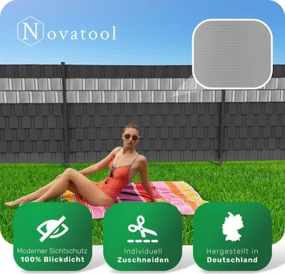 A woman in a swimsuit is lying on a beach towel in front of a fence, with green grass and a blue sky in the background. There are also three green circular icons with text and symbols at the bottom of the image.