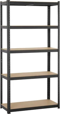 A black metal shelving unit with five wooden shelves against a white background.
