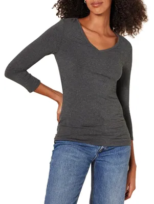 Produktbild von Amazon Essentials Damen-T-Shirt mit 3/4-Ärmeln und V-Ausschnitt (erhältlich in Übergröße), Kohlegrau meliert, Größe XXL