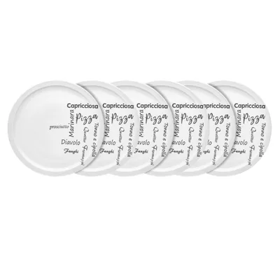 Produktbild von Pizzateller Italia 30 cm 6er-Set Porzellan weiß mit grauem Druck – Van Well – spülmaschinen- & mikrowellengeeignet