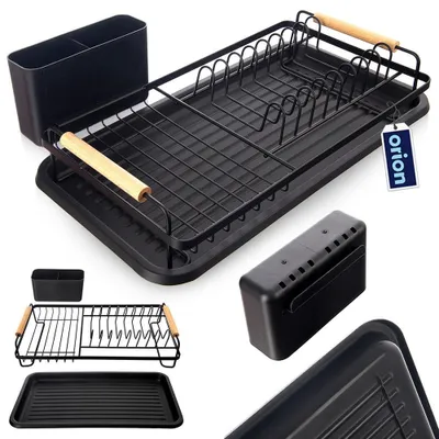 A collage of images showing a black dish drying rack with wooden handles and a utensil holder.