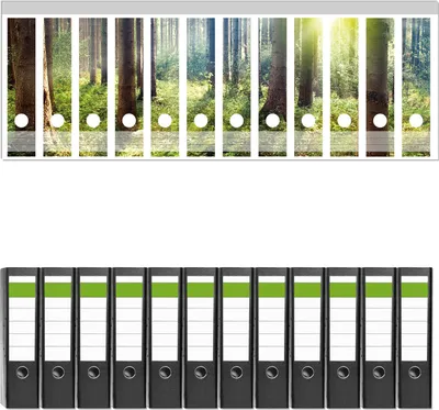 Produktbild von Wallario 12 Stück breite Ordner inkl. Klebeetiketten mit Motive Sonnenuntergang im Wald zwischen den Bäumen -  Set mit Rückenschildern / Ordnerrücken Stickern