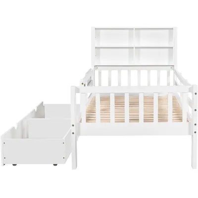 Produktbild von Flieks Kinderbett 90x200cm mit 2 Schubladen, Einzelbett Massivholzbett mit Regalen und Lattenrost, Kinderbett mit Tafel, Weiß