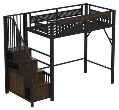Productafbeelding van Hoogslaper - Kinderhoogslaper - 90 x 200 cm - Metaal en hout - Zwart - Veiligheidsreling met raam - Opbergkast - Veiligheidsladder