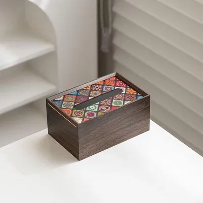 Immagine prodotto di Porta fazzoletti in legno rettangolare con coperchio, stile vintage, ideale per bagno, toilette, soggiorno, tavolo, scrivania e ufficio.