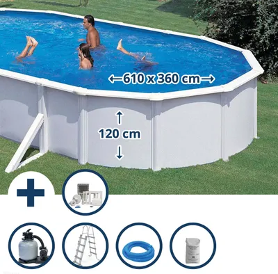 Produktbild von Stahlwandpool Set (6-teilig) hoch oval Classic 610x360x120 cm, Stahl 0,45 mm weiß Folie 0,3 mm blau