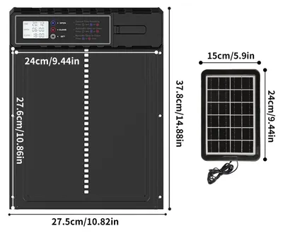 Obrázek produktu pro Automatické dveře pro slepice - otvírače dveří do slepčího výběhu - napájení ze solární energie a USB - 3 režimy: dálkové ovládání/časovač/manuální - ochrana proti zaseknutí - nerezová ocel - černá barva