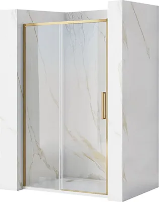 A shower door with a gold frame and clear glass panels, set against a marble-like background.