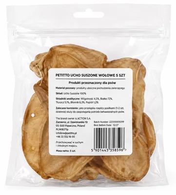 Obrázok produktu pre PETITTO Sušené hovädzie ucho – pochúťka pre psa – 5 ks.