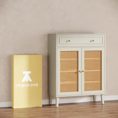 Produktbild von Tribesigns Schuhschrank mit Türen und Schublade, Moderner Schuhregal für den Eingangsbereich,Mintgrüner Rattan-Schuhschrank mit verstellbarem Regal