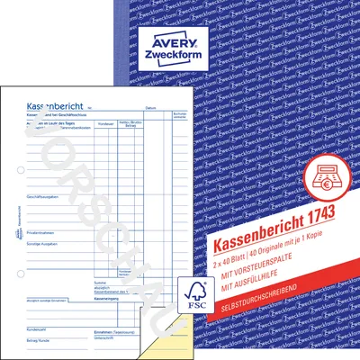Produktbild von Avery Zweckform 1743, Kassenbericht, A5, selbstdurchschreibend, 2x40 Blatt