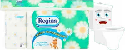 A package of Regina toilet paper with chamomile and a cartoon toilet character.