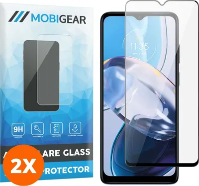 Produktbild von Mobigear Premium 4.99 Motorola Moto E22 Panzerglas Gehärtetes Glas Displayschutz - Hüllenfreundlich - Schwarz (2er Pack)