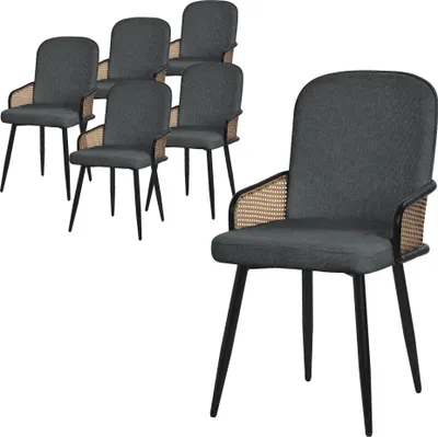 Produktbild von ML-Design Esszimmerstühle 6er Set Anthrazit Stoffbezug Küchenstuhl mit Rattan Optik-Armlehnen Gepolsterte Stühle mit Metallbeinen Sessel ergonomisch