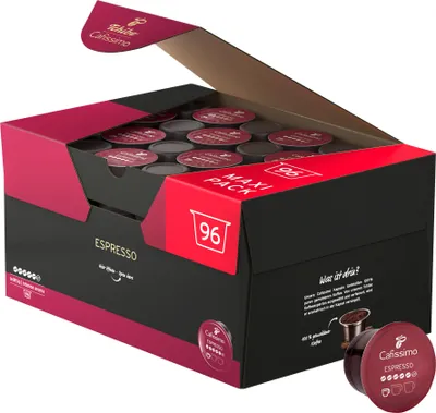 Produktbild von Tchibo Cafissimo Vorratsbox Espresso kräftig Kaffeekapseln, 96 Stück (Espresso, intensiv mit kräftigen Röstaromen), nachhaltig & fair gehandelt