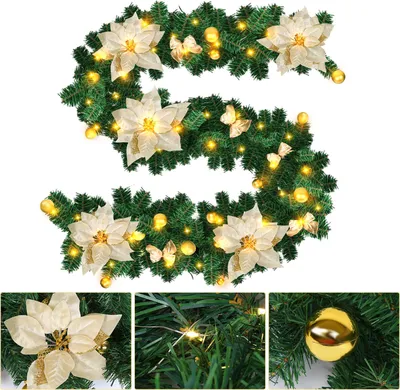 Image de Guirlande de Noël Eikuavons, 2,7 mètres, LED, forme de sapin, couleur or, 50 LED, lumière blanche chaude, fonctionne sur piles, décoration de Noël