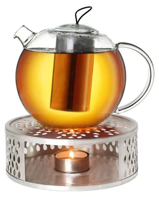 Produktbild von Creano Teekanne aus Glas 1,0l Jumbo + ein Stövchen aus Edelstahl, 3-teilige Glasteekanne mit integriertem Edelstahl Sieb und Glasdeckel, ideal zur Zubereitung von losen Tees, tropffrei