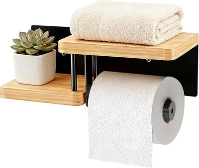 Produktbild von PolkaHome® Toiletpapierhalter aus Holz Bambus, WC-Rollenhalter ohne Bohren, Toilettenpapierhalter für Bad und Küche, mit Ablage,