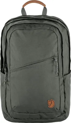 A gray backpack with a brown leather handle and a small brown logo on the front.