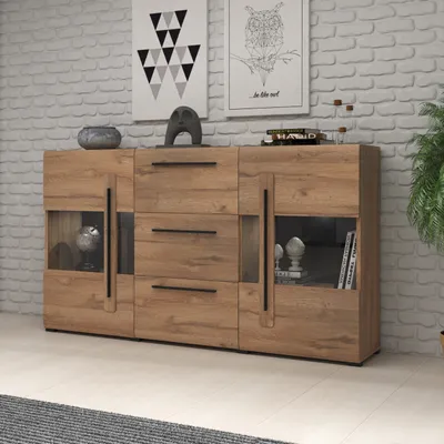 Produktbild von Masseno Kommode TULLIA 180 cm Sideboard mit 3 Schubladen und 2 Türen für Wohnzimmer Schlafzimmer Modern 180x39x103 cm Eichefarben / Eichefarben