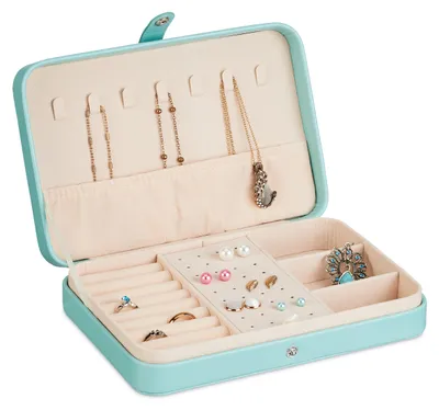 Productafbeelding van Relaxdays 10045731_56, Sieradendoos, Crème, Zilver, Turquoise, Houtvezelplaat, Kunststof, Fluweel, Textiel, 210 mm, 145 mm, AI-gegenereerde afbeelding