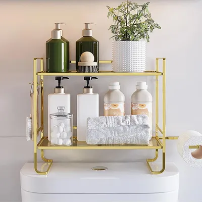 Immagine prodotto di Scaffale sopra il WC - Scaffale da bagno a 2 ripiani - Portarotolo - 2 ganci - Metallo - Oro