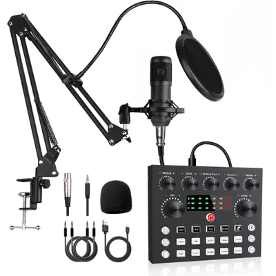 Obrázok produktu pre Sada kondenzátorového mikrofónu ZELURXX s ramenom a zvukovou kartou – ideálna pre podcasty, streamovanie a hranie hier, V8S+čierna