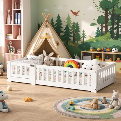 Productafbeelding van INONEFT Kinderbed, grondbed, 90 x 200 cm, met lattenbodem, houten bed met valbeveiliging en deur, speelbed voor kinderen, wit