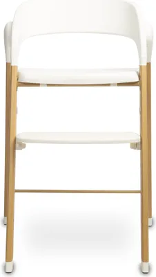 A front view of a white and wood high chair against a white background.
