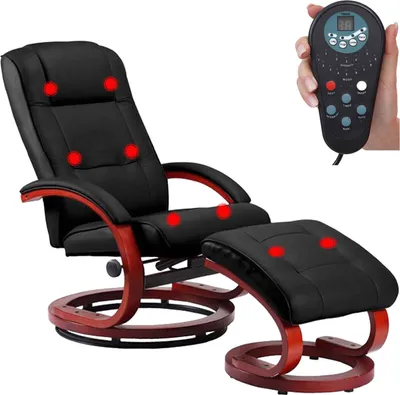 A black massage chair and ottoman with red massage point indicators, shown on a white background.