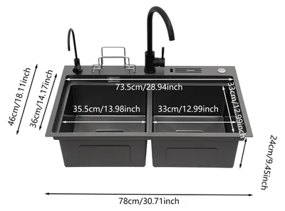 Produktbild von Küchenspüle - Doppelbecken - 78x46 cm - Edelstahl 304 - Mit Wasserhahn - Rechteckig - Schwarz