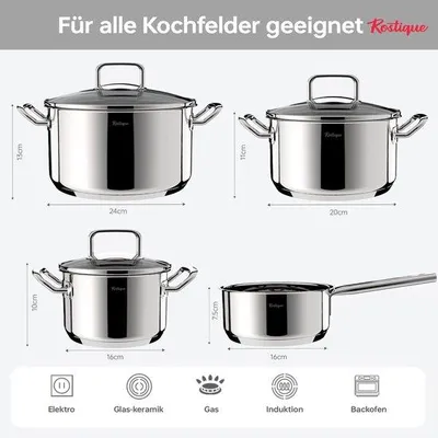 Productafbeelding van 4-Delige RVS Kookset - Inclusief 16 cm Pan, 16/20/24 cm Soeppan met Glasdeksel - Geschikt voor Alle Kookplaten - Keuken Kookgerei