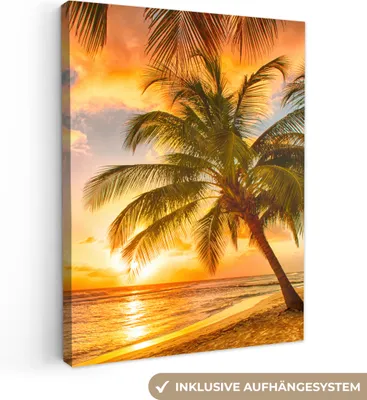 Produktbild von MuchoWow® - Leinwandbilder - Sonnenuntergang - Palme - Wolken - Meer - Strand, Wandbild, Wanddeko Bilder Wohnzimmer, 90x120 cm