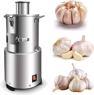 A collage of a commercial garlic peeling machine and various garlic bulbs and cloves.