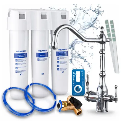 Image de Filtre à eau sous-évier Aquaphor Kristall H, avec robinet de cuisine 3 voies Ari Retro 2 en chrome, adoucisseur d'eau K3 Kh K7, débit de 2 litres par minute