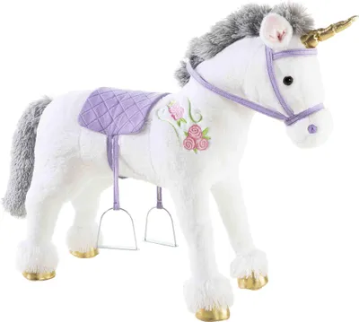 A plush unicorn toy standing on a white background.