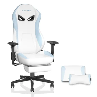 Produktbild von Ergonomischer Gaming-Stuhl, PolyurethanBezug, Fußstütze, hohe Rückenlehne, 60 x 53 x 132 cm, Weiss / Blau