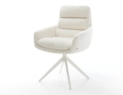 Produktbild von DELIFE Drehstuhl Abelia-Flex mit Armlehnen Bouclé Soft Beige Kreuzgestell breit Weiß 360° drehbar Wippfunktion