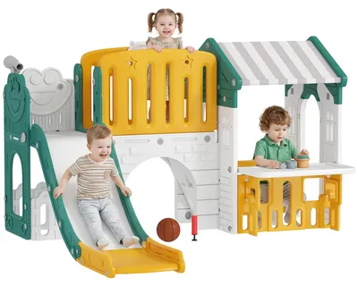 Image de Structure d'escalade, cabane de jeu, tableau, panier de basket, en plastique, jaune et vert