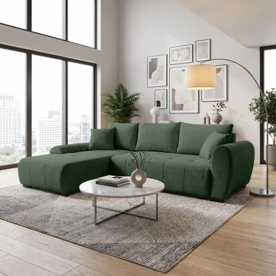 Obrázek produktu pro BEAUTYSOFA Rohová pohovka L-tvar DALLAS, 255 cm, rohová pohovka s úložným prostorem a možností rozložení na lůžko, zelená pohovka, potahová látka, podnožka vlevo, Obrázek vytvořený pomocí AI