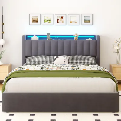 Produktbild von okwish Polsterbett 160×200 Doppelbett mit LED und USB,Stauraum-Kopfteil,Jugendbett mit Steckdosen und Bettkasten,Boxspringbett Grau,ohne Matratze