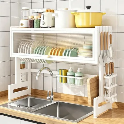 Imagen del producto de Estante de escurreplatos grande, con tres niveles y tapa, diseñado para colocarse sobre el fregadero