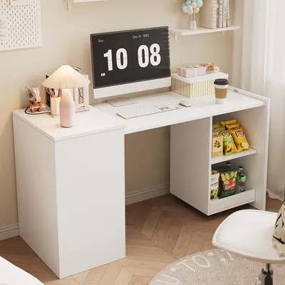 Produktbild von Flieks Multifunktionaler Schreibtisch mit zwei Staufächern, Arbeitstisch, Computertisch 126x55x75cm, Weiß