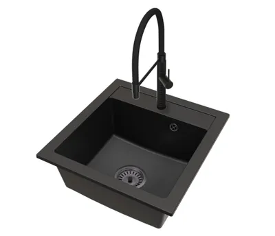 Produktbild von Küchenspüle aus Granit Schwarz mit Armatur FULL Pro und Siphon Schwarz