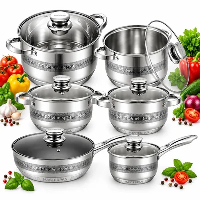 Image de Ensemble d'accessoires de cuisine Masterpan, 12 pièces. Ensemble de batterie de cuisine induction, comprenant une poêle, une casserole, en acier inoxydable, avec couvercles en verre trempé, des poignées confortables, idéal comme cadeau. Modèle MP5123, Image générée par une IA
