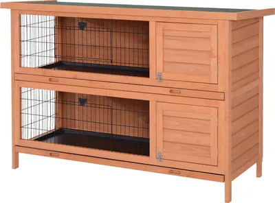 Image de Cage pour lapins avec toit en bitume, cage pour lapins adaptée à l'hiver, 2 étages, bac de récupération amovible, en bois de sapin, couleur orange. Convient pour jusqu'à 2 lapins. Dimensions : 136,4 x 50 x 93 cm