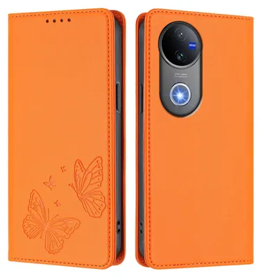 Image de Étui en cuir pour Vivo V50, étui de protection type portefeuille en cuir gaufré « papillon » avec support, couleur orange