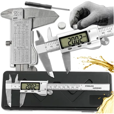 Zdjęcie produktu dla KRUMAD Cyfrowy suwmiarka 150 mm ze stali nierdzewnej, elektroniczna suwmiarka, wyświetlacz LCD, pomiar średnicy wewnętrznej, zewnętrznej i głębokości, precyzyjny przyrząd pomiarowy